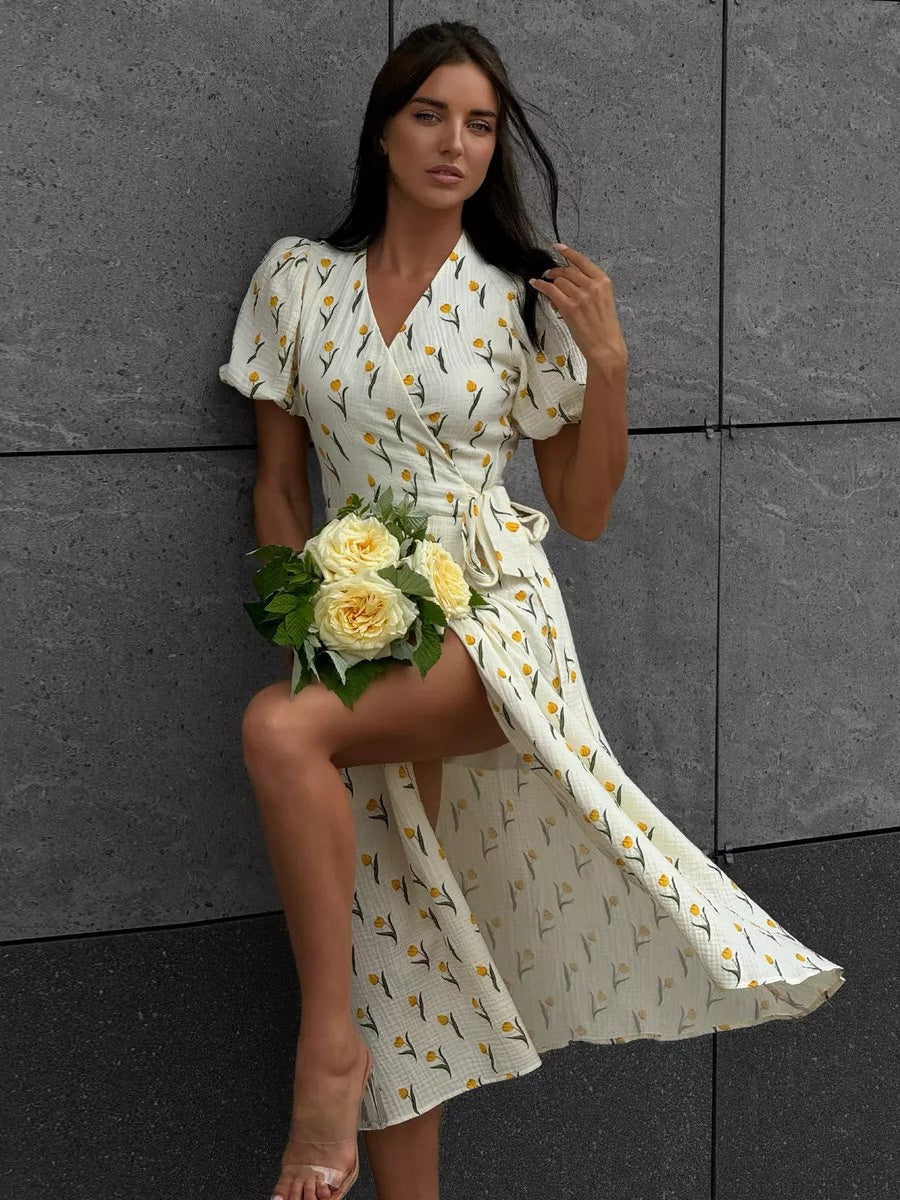 Pure Cotton Bandage Wrap-up Puff Sleeve Printed Comfort Maxi Dresses