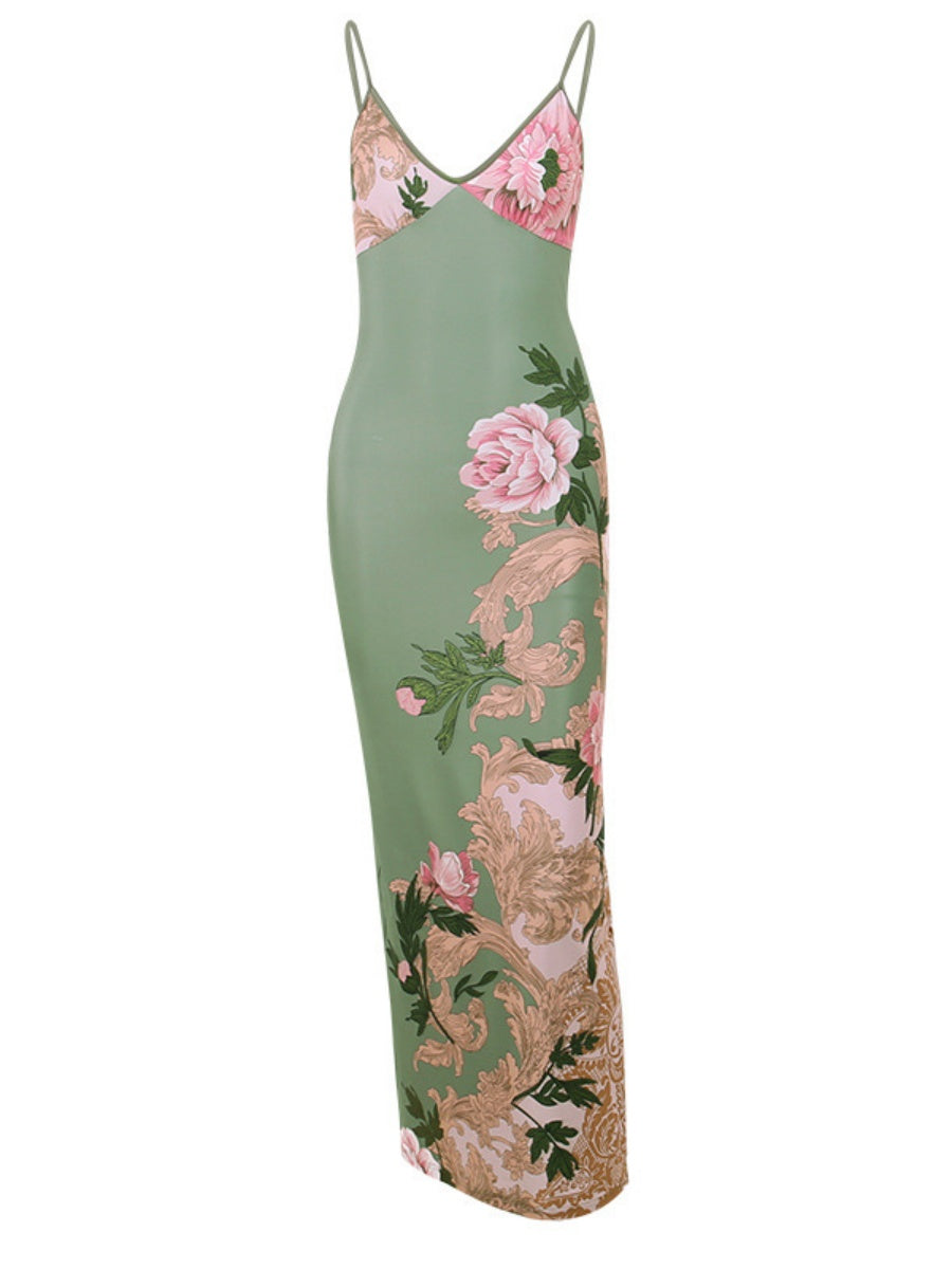 V-neck Camisoles Printed Sexy Backless Maxi Dresses
