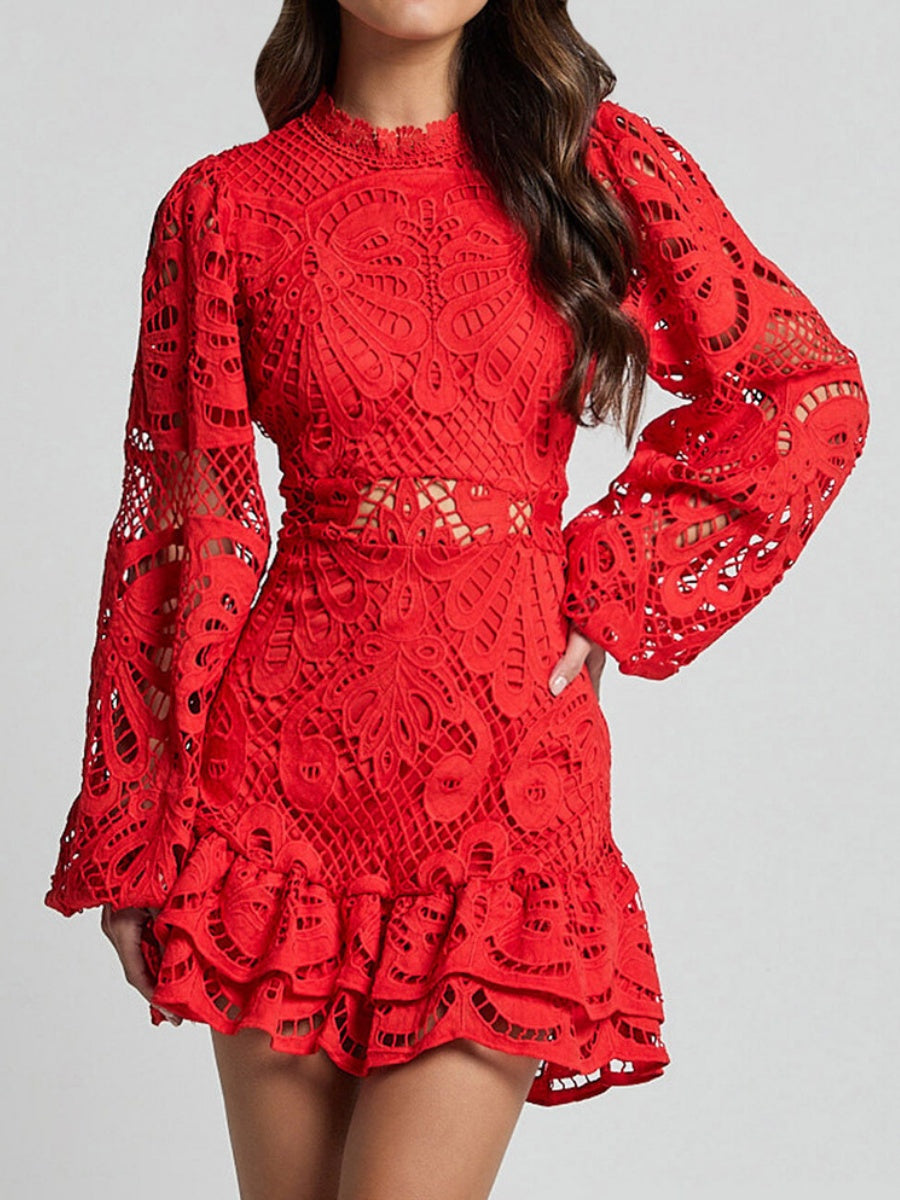 Lantern-style Long-sleeved, Fitted A-line Dress With Ruffled Hem And Water-soluble Lace.