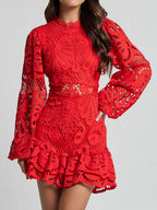 Lantern-style Long-sleeved, Fitted A-line Dress With Ruffled Hem And Water-soluble Lace.