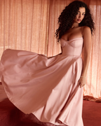 Lace Trim Corset Bustier Spaghetti Strap Pleated Pocket Tea Length Dress