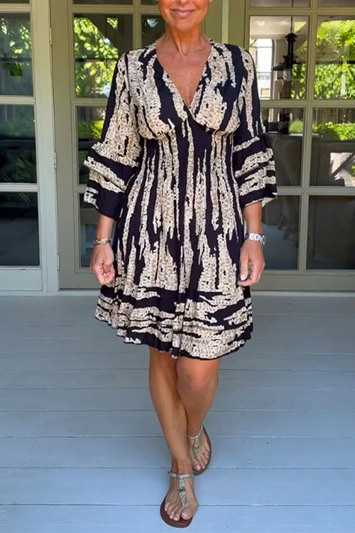 V Neck Ruffle Sleeves Smocked Waist Printed A-line Dress