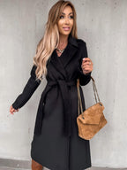 Solid Color Lapel Long Sleeve Woolen Simple Tie Coats