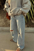 Raw Hem Straight Leg Ripped Denim Pants