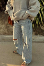 Raw Hem Straight Leg Ripped Denim Pants