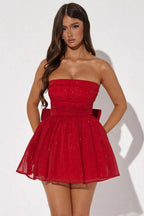 Strapless Glitter Mesh Ruched Bodice Bow Back Tiered Mini Dress