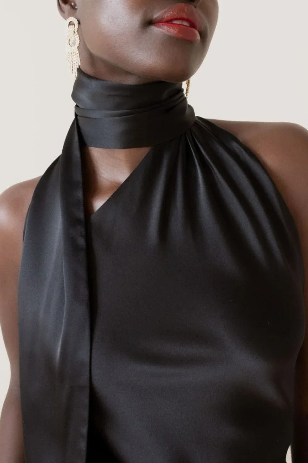 Satin Halter Neck Draped Sash Gathered Mini Dress