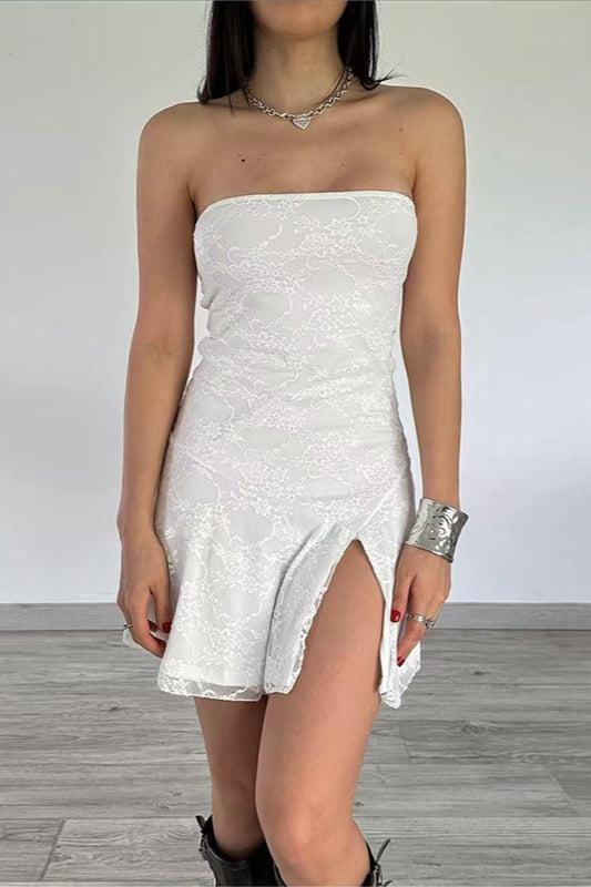 Strapless Textured Rib Knit Thigh Slit Bodycon Mini Dress