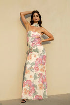 Strapless Floral Print Bodycon Matching Neck Wrap Maxi Dress