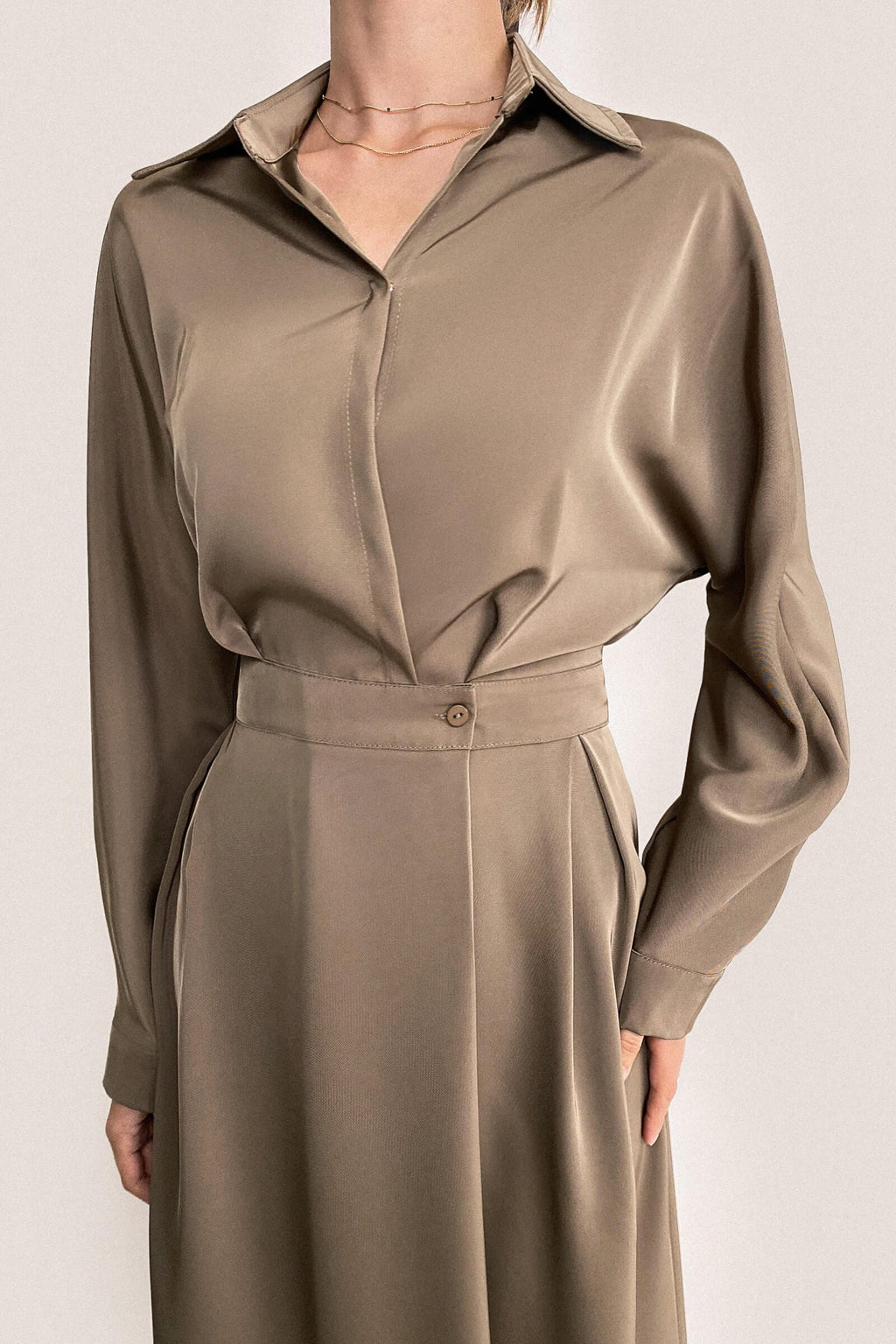 Surplice Pleat Detail Long Sleeve Collar Blouse and A-Line Midi Skirt Set