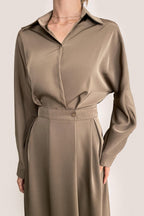 Surplice Pleat Detail Long Sleeve Collar Blouse and A-Line Midi Skirt Set