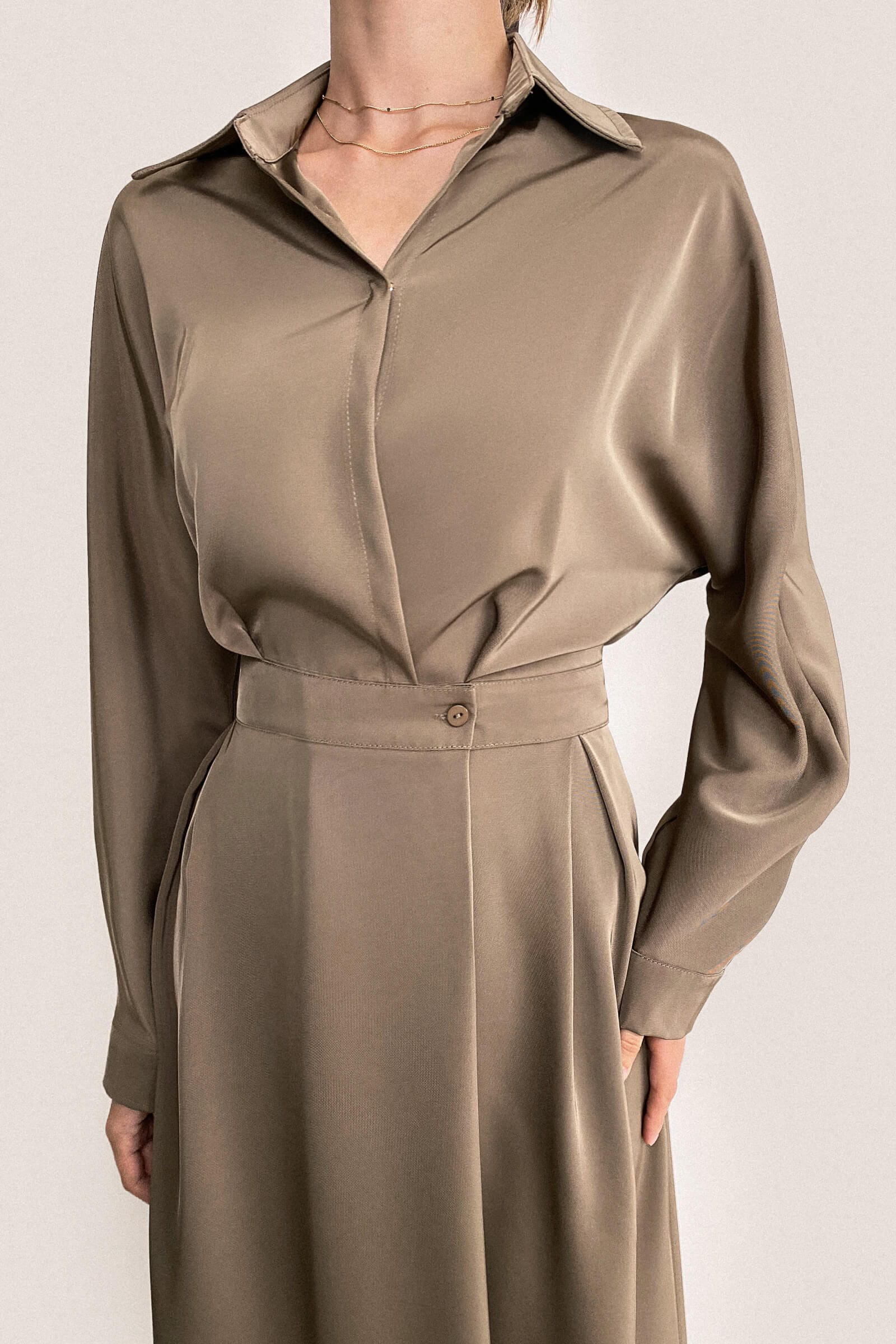 Surplice Pleat Detail Long Sleeve Collar Blouse and A-Line Midi Skirt Set