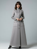 Woolen Full-Length Maxi Coat With Stand Collar And Flap Pockets For Women 2026