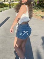 Bow Pocket Washed Denim Shorts