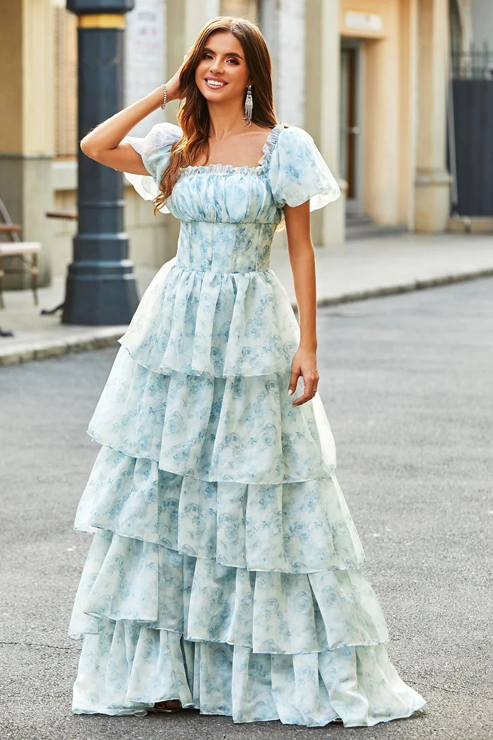 Blue Off Shoulder Ruffle Corset Bodice Tiered Ruffle Floral Print Maxi Dress