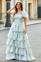 Blue Off Shoulder Ruffle Corset Bodice Tiered Ruffle Floral Print Maxi Dress