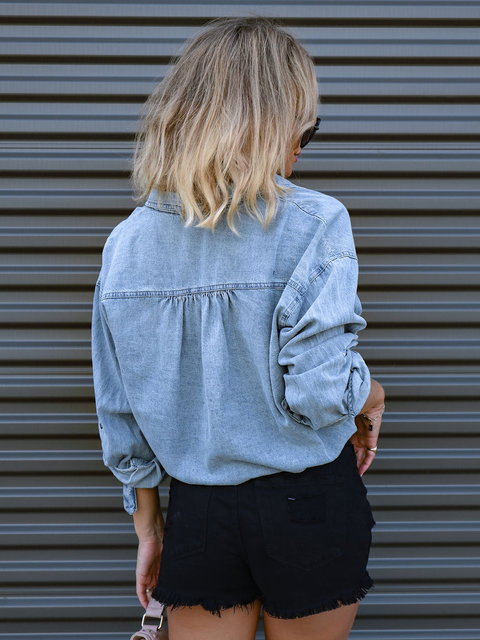 Denim Blouse Drop Shoulder Long Sleeves Buttons Lace Up Tops