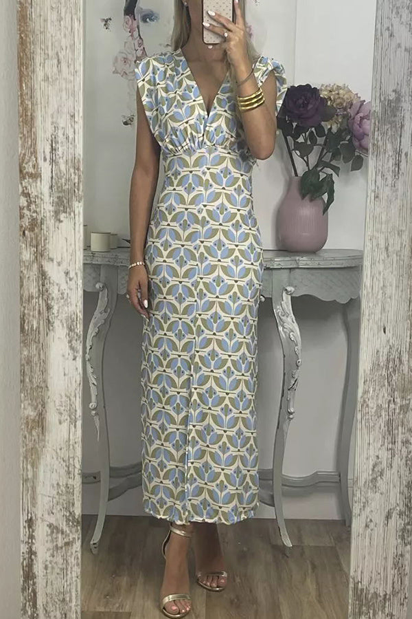 Geometric Print Padded Shoulder Center Slit Column Midi Dress