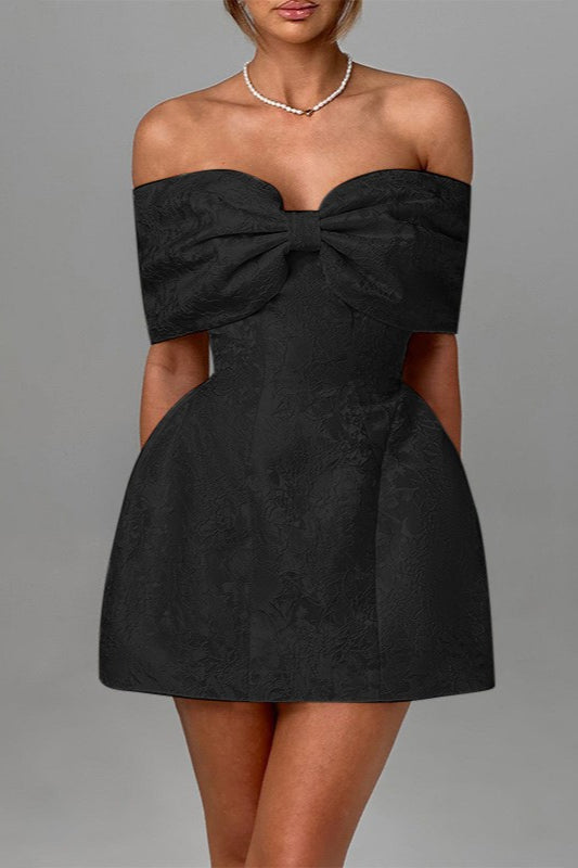 Jacquard Oversized Bow Off Shoulder Fit and Flare Mini Dress