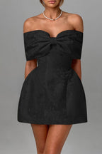 Jacquard Oversized Bow Off Shoulder Fit and Flare Mini Dress