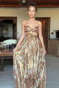 Strapless Sweetheart Waist Cut Out Paisley Metallic Maxi Dress
