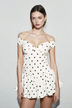 Off Shoulder Sweetheart Ruched Polka Dot Peplum Mini Dress
