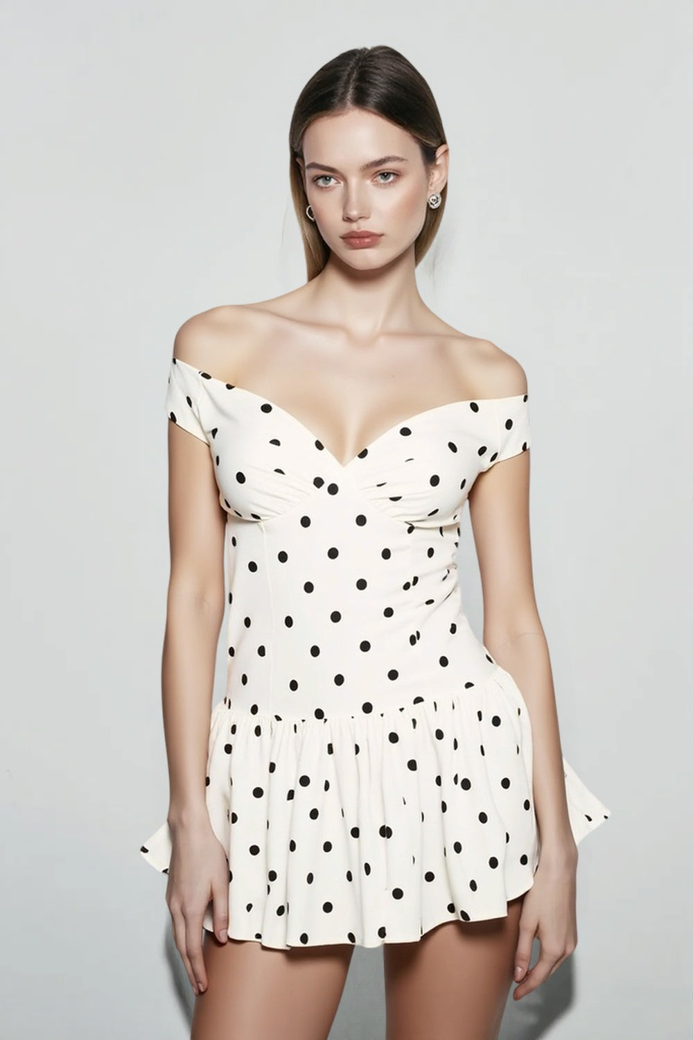Off Shoulder Sweetheart Ruched Polka Dot Peplum Mini Dress
