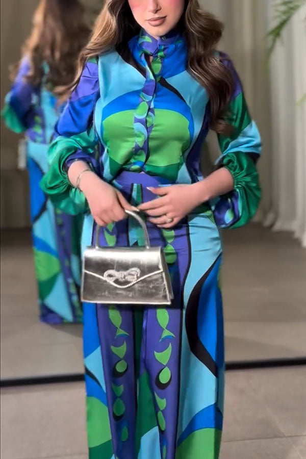 Ellie Satin Unique Print Balloon Sleeve High Low Shirt and Elastic Waist Pocket Loose Pants Set