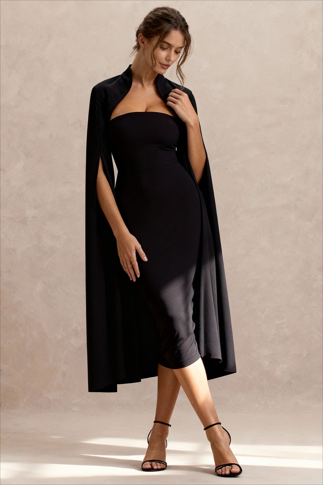 Cut Out Collar Square Neck Cape Sleeve Bodycon Midi Dress