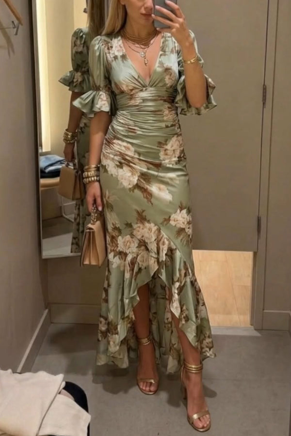 Floral Print V-neck Ruffled Short-sleeved Fitted Waist Pleated Maxi Dress