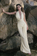 Plunging Halter Cowl Neck Ruched Side Sash Drape Maxi Dress