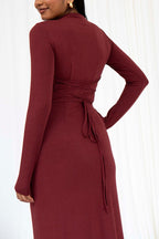 Long Sleeve Crew Neck Side Ruched Cascading Drape Panel Maxi Dress
