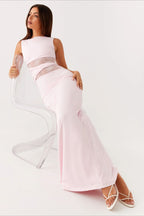 Lace Panel Boat Neck Cut Out Waist Sleeveless Bodycon Maxi Dress
