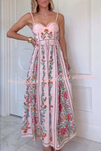 Linen Blend Delicate Forest Unique Print Sweetheart Neck Beaded Straps Maxi Dress
