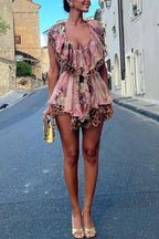 Dreamy Island Floral Leopard Print Cutout Waist Tiered Ruffles Mini Dress