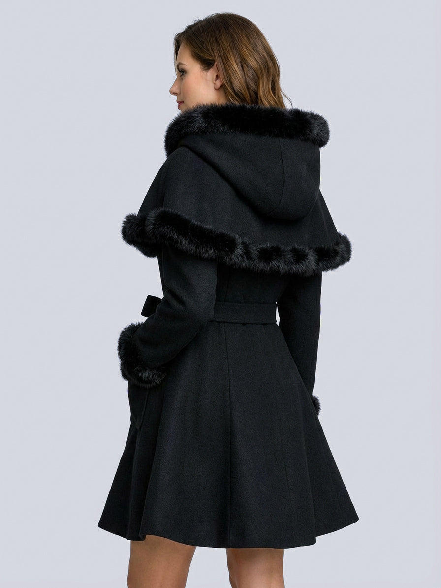 Faux Fur Trimmed Belted Wool Blend coat With Hooded Cape For Women 2026