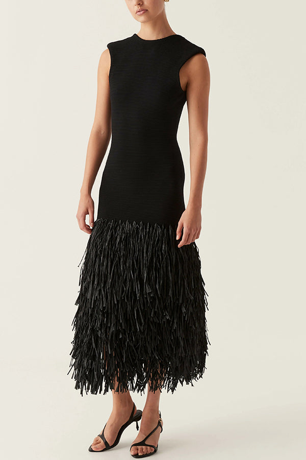 Sleeveless Crew Neck Tiered Fringed Hem Maxi Dress