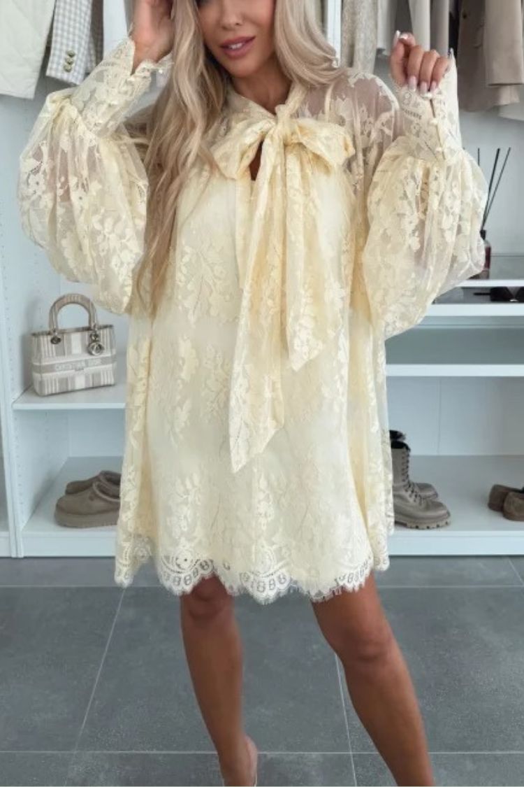 Iliana Effortless Night Rose a Line Mini Dress with Lace Bow and Long Balloon Sleeves Designer Edit