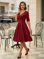 Vintage 1950s Swing Cocktail Dress for Women - V Neck Short Sleeve A-Line Ruched Bust Rockabilly Midi Gown - Wedding Guest 2026