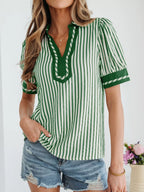 Stripe Collared Split Neck Short Bubble Sleeve Blouse