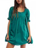 Eyelet Lace Trim Puff Sleeve Smocked Babydoll Tiered Mini Dress