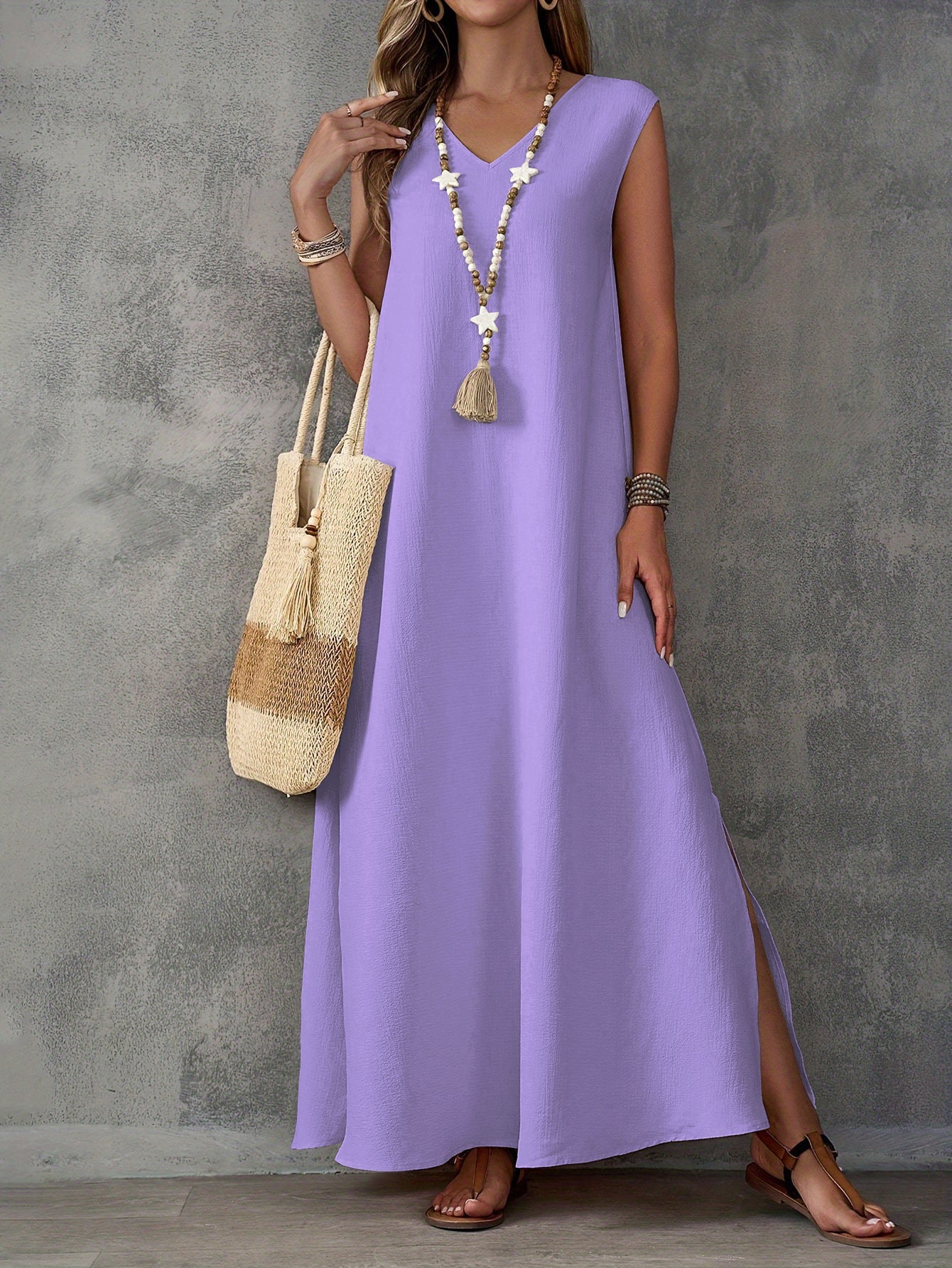 Women's V-Neck Sleeveless Solid Color Casual Loose Elegant Dress