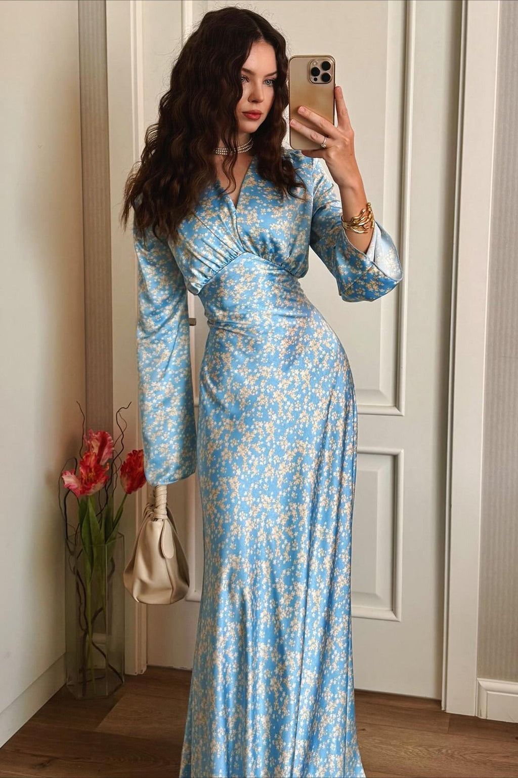 Deep V Neck Flared Sleeve Tiered Maxi Floral Print Dress