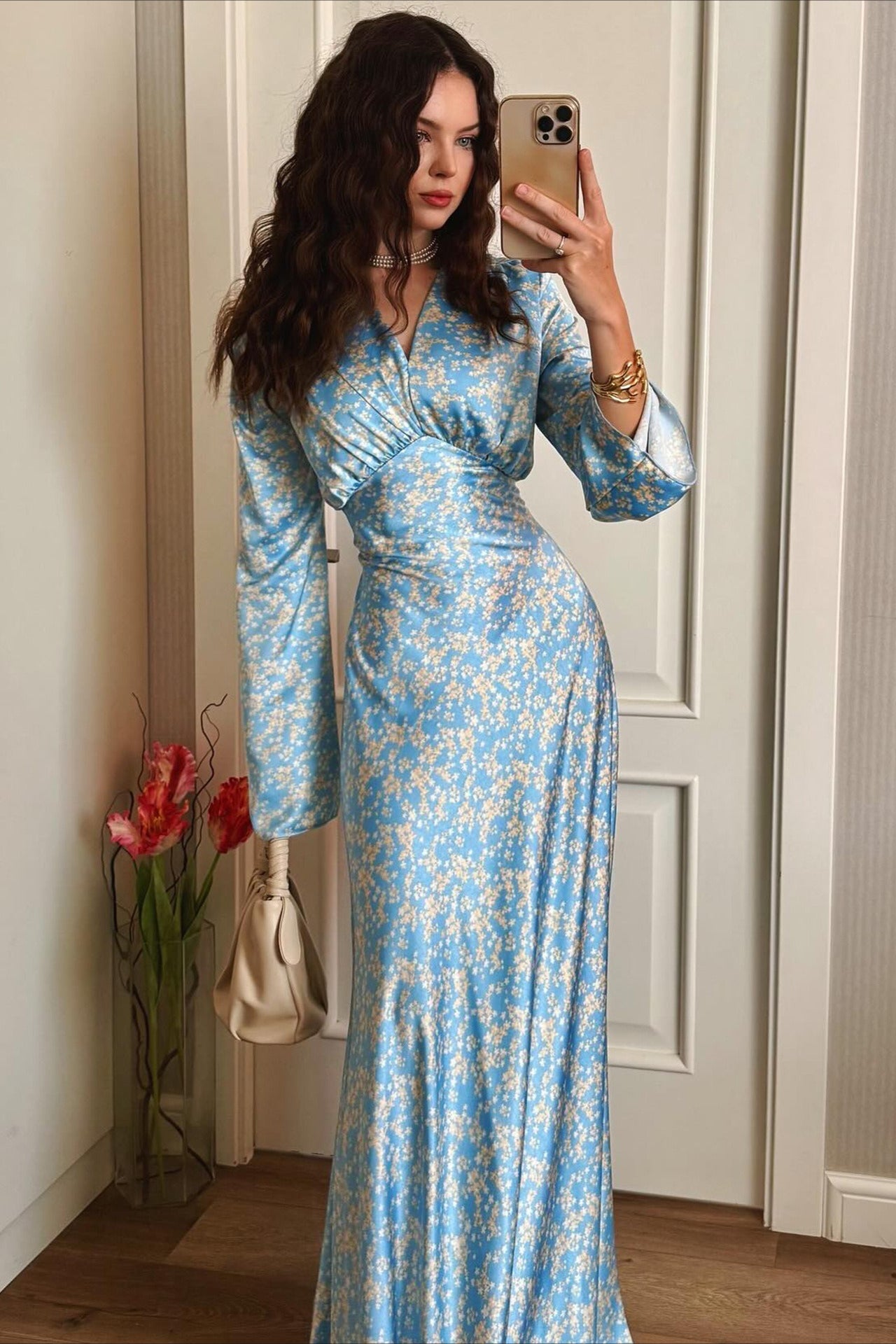 Deep V Neck Flared Sleeve Tiered Maxi Floral Print Dress