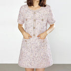 Tweed Jewel Button Patch Pocket Embellished Trim Mini Dress