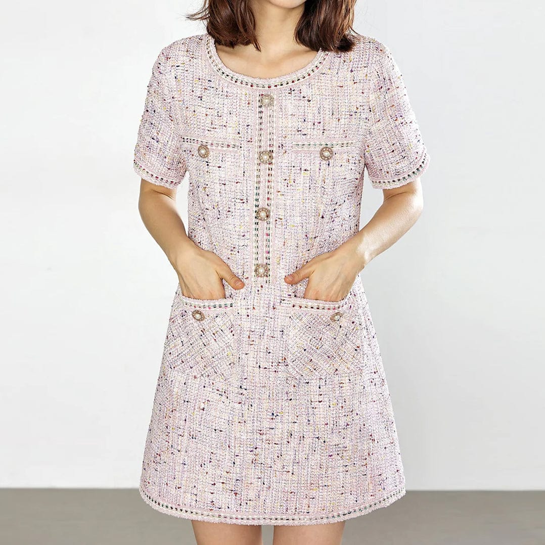 Tweed Jewel Button Patch Pocket Embellished Trim Mini Dress
