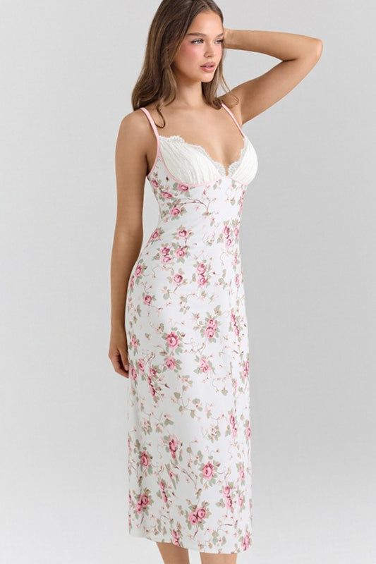 Pink Spaghetti Strap Deep V Lace Cup Floral Print Bodycon Maxi Dress