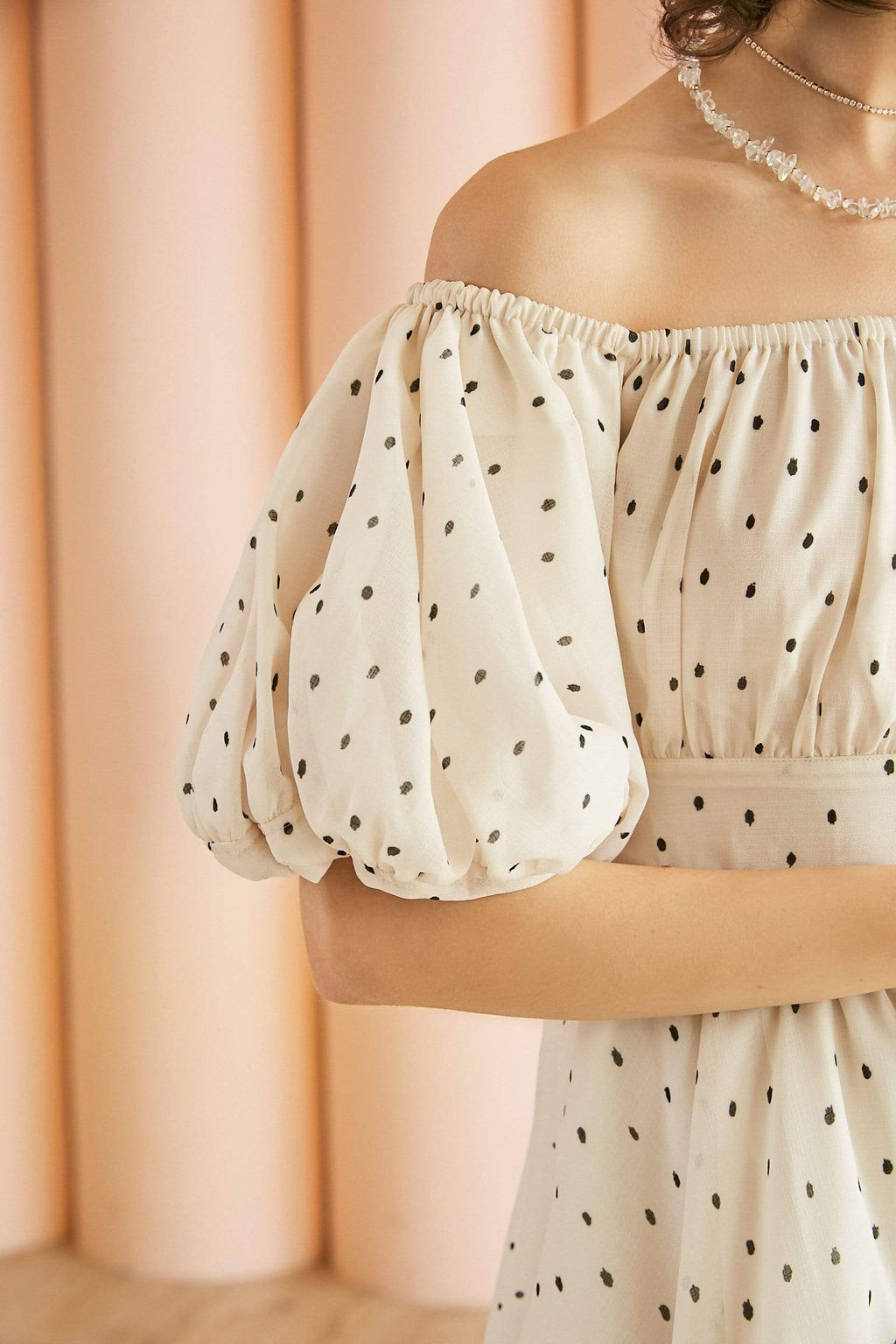 Off Shoulder Polka Dot Smocked Waist Puff Sleeve Ruffle Mini Dress