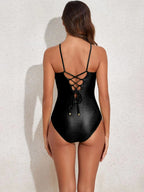 One-piece Swimsuit With Multi-colored Hollowed-out Gemstone Halter Straps, French Style.