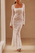 Square Collar Lace Mermaid Maxi Dress